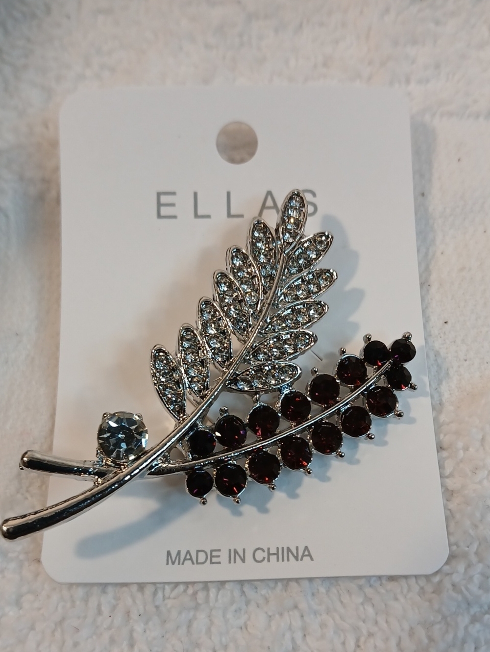 Ellas Silver-Tone Leaf Brooch with Deep Garnet and Clear Crystals